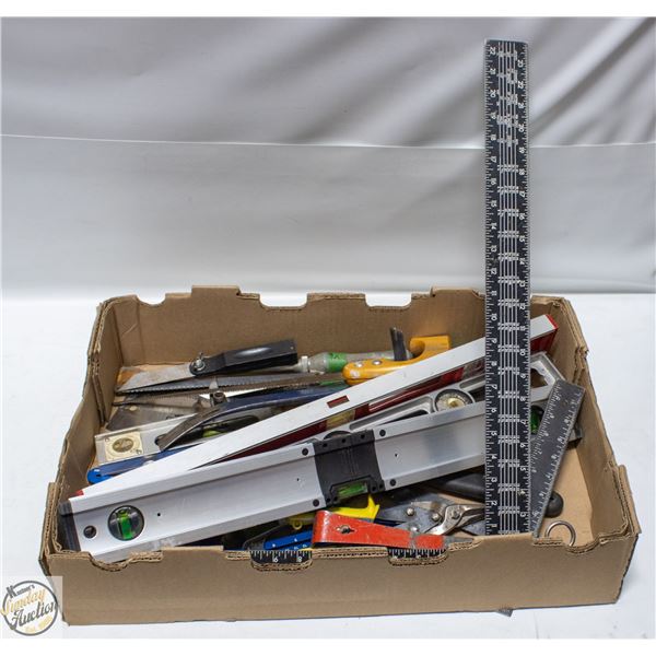 BOX OF LEVELS, SQUARES, SAWS