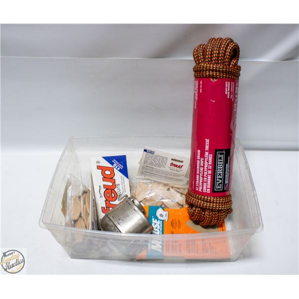 TOTE WITH BISCUITS, SHARPENER, NEW 50’ ROLL,