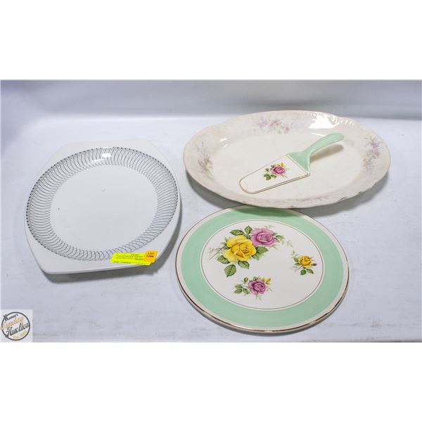 LOT OF VINTAGE SERVING PLATTERS WITH CAKE TRAY