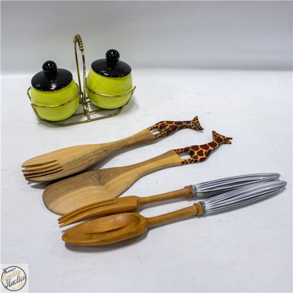LOT OF DECORATED SALAD TOOLS AND CREAM AND SUGAR