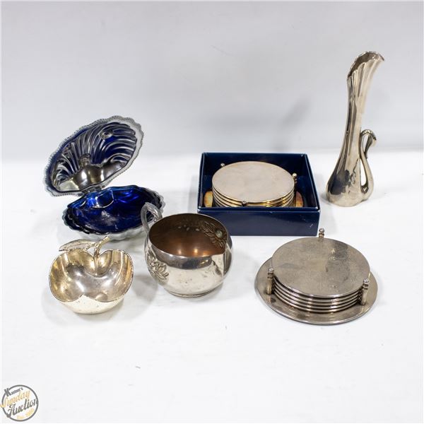 LOT OF SILVER PLATE DISHES INCLUDES CLAMSHELL
