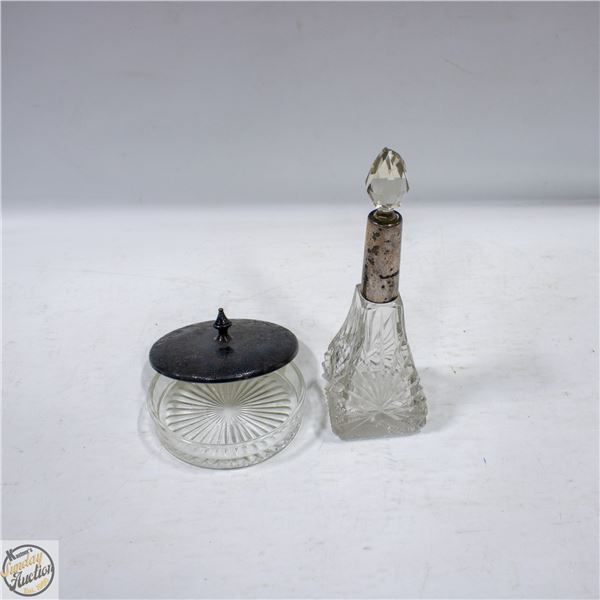 VINTAGE CRYSTAL PERFUME BOTTLE AND POWDER DISH