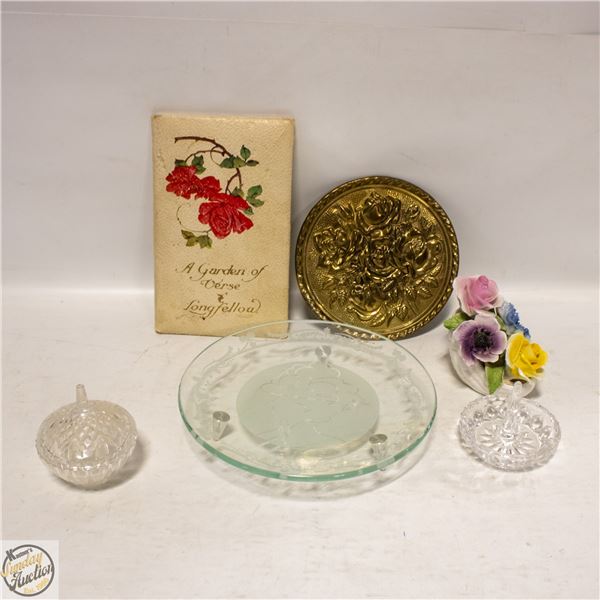 CRYSTAL, BONE CHINA, BRASS WALL PLAQUE,
