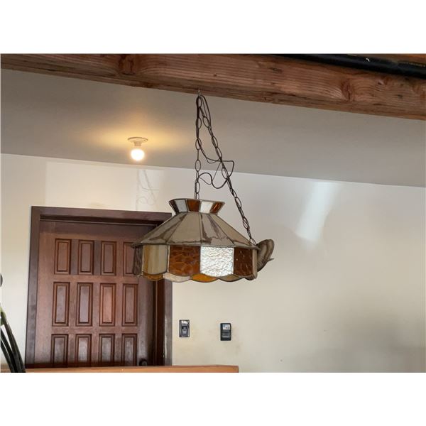 Tiffany Style Hanging Lamp with Stained Glass Shade in Amber and Cream Tones