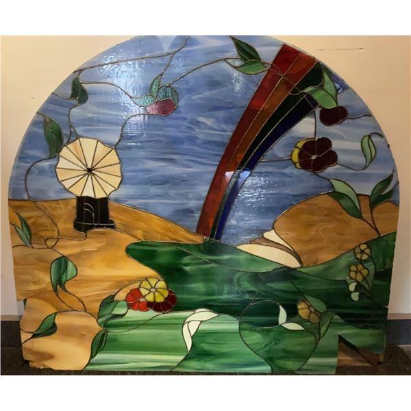 Four Arched Stained Glass Panels, Three Landscape Variations and One Lobster Theme, 35x39 in