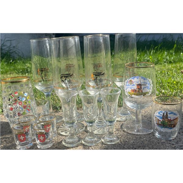 Set of Souvenir Glassware Including Switzerland and Holland Motifs