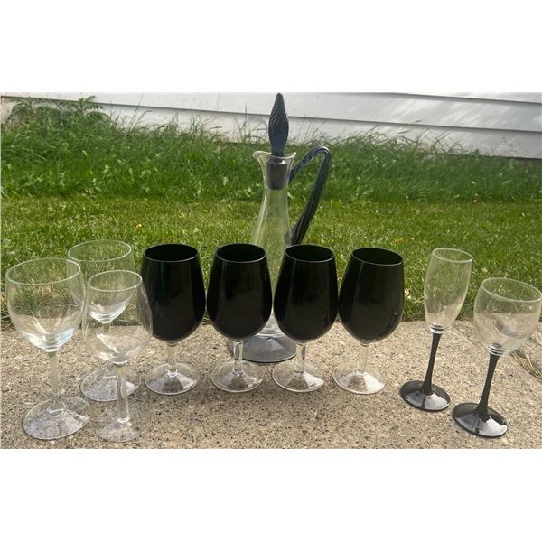Clear and Purple Glasses With Matching Purple Handled Decanter