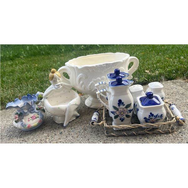 Decorative Ceramic Lot: Spice Set, Creamer, Figurine Planter, White Jardiniere