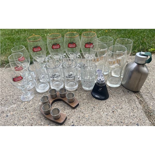 Barware Lot: Stella Artois, Hornitos, Kokanee Glasses, Hugo Boss Flask, Aerator, Shot Set