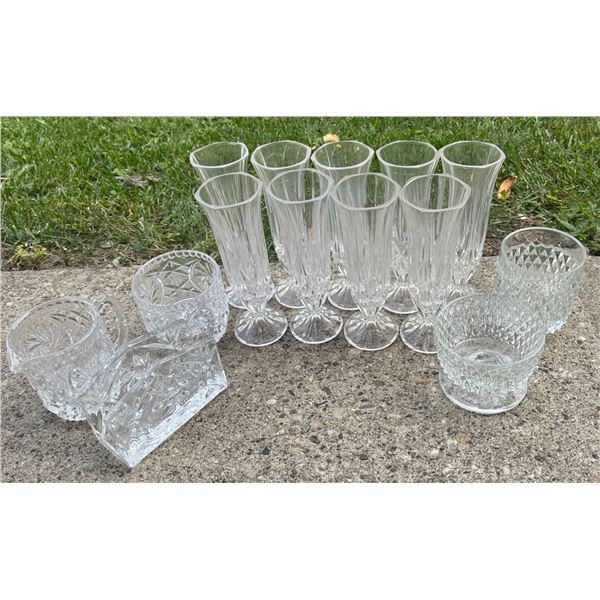 Crystal Glass Barware Including Tumblers, Dessert Bowls, Glasses, and Serving Pieces