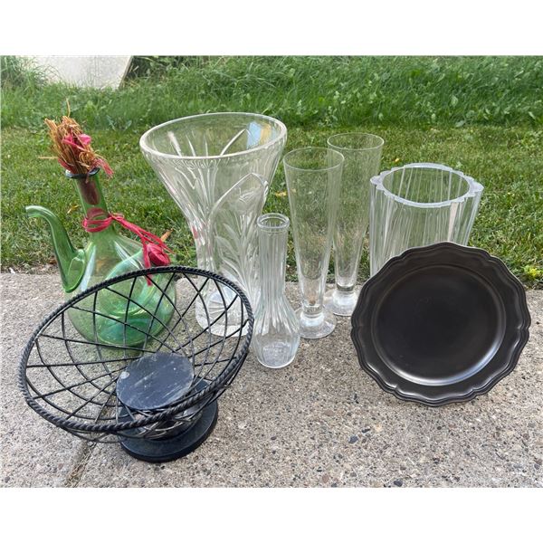2 Crystal Vases, Green Glass Jug, Metal Basket, and Plate