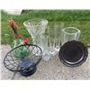 Image 1 : 2 Crystal Vases, Green Glass Jug, Metal Basket, and Plate