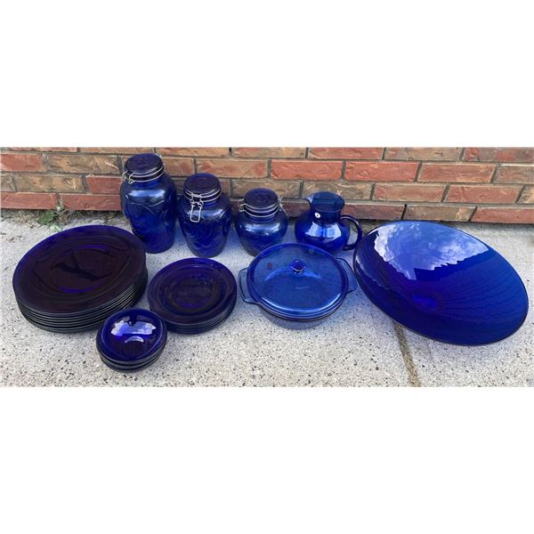 Cobalt Blue Glass Dinnerware, Anchor Hocking Overware Casserole, Jars, Bowls, Plates