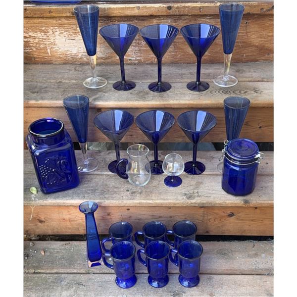 Cobalt Blue Glassware With Assorted Mugs, Goblets, Jars and Decanter
