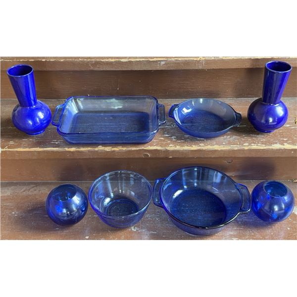 7 Anchor Hocking Cobalt Blue Ovenware: Vases, Bowls, Casserole, Baking Dish