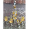 Image 1 : Hand Painted Glass Decanter With Stopper and 5 Matching Cordial Glasses Gold Floral