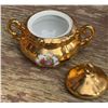 Image 4 : Gold Gilt Japanese Porcelain Tea Set: Teapot, Sugar Bowl, Creamer, Courting Scene