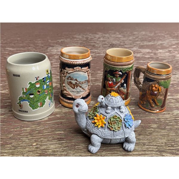 Four Swiss and German Beer Steins and Decorative Turtle Trinket Box