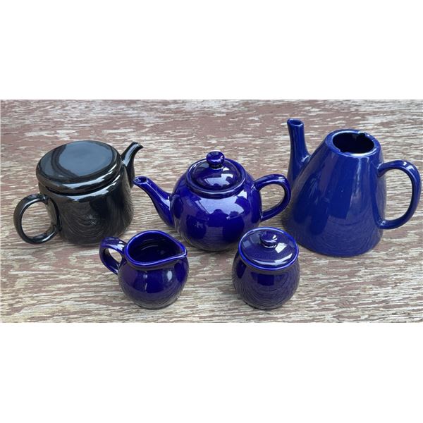 Blue and Black Ceramic Teapot and Creamer Set, 5 Pieces