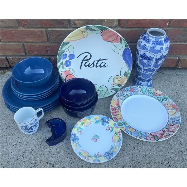 Ceramic and Glass Dinnerware Set Including Plates, Bowls, Mug, and Vase