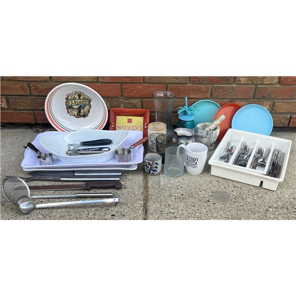 Kitchenware Lot with Dishes, Glassware, Utensils, Trays, and Mortar & Pestle