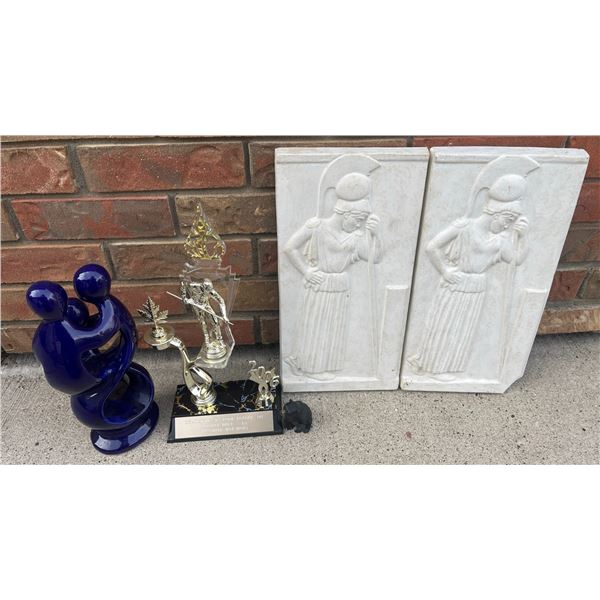 Group Lot: Blue Family Sculpture, Pool Trophy, Bear Figurine, Pair Warrior Plaques