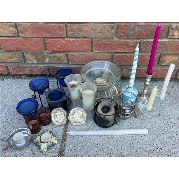 Candle Holders and Candles Lot, Various Glass, Metal, and Ceramic Pieces