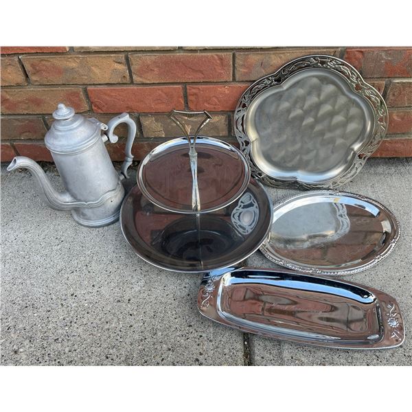 Silver-Coloured Serving Trays and Aluminum Coffee Pot