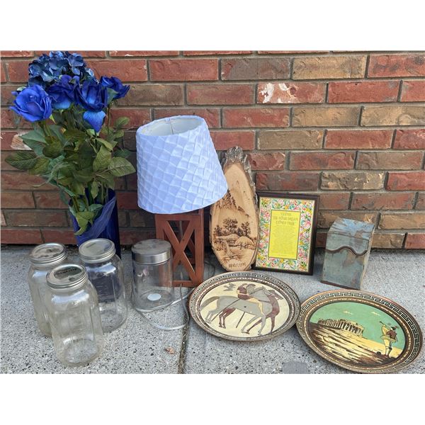 Group Lot: Greek Plates, Gibson Plaque, Vintage Mason Jars, Pottery Box, Lamp, Vase