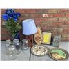 Image 1 : Group Lot: Greek Plates, Gibson Plaque, Vintage Mason Jars, Pottery Box, Lamp, Vase