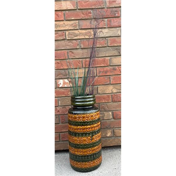 West Germany Fat Lava Floor Vase 289-47 Brown Green Glaze With Relief Geometric Pattern