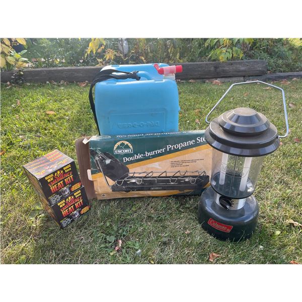 Camping Gear Lot: Escort Propane Stove, Coleman Lantern, Heat Kits, WEDCO Water Can