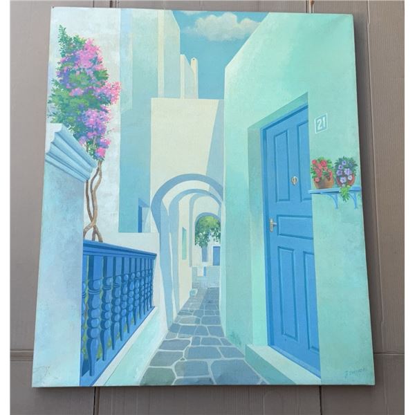 Oil Painting by J Zarkadas, Mediterranean Alleyway Scene, 45 x 54 Inches, Unframed