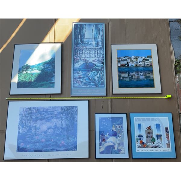 Six Framed Prints with Glass Including Monet, Tiffany, McKnight, Greek Island Scenes
