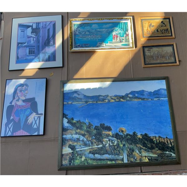 Four Framed Prints and Two Framed African Themed Mixed Media Artworks with Glass