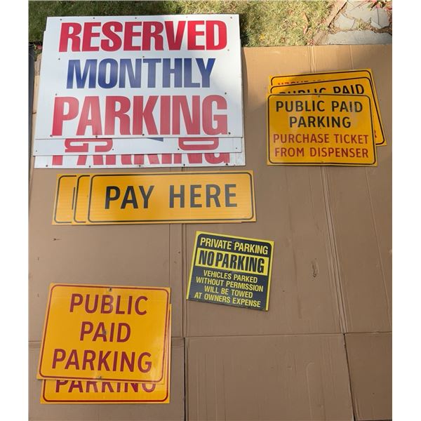 12 Parking Signs Mix of Foam Core and Metal, Largest 46x32 in, Pay Here Metal Sign