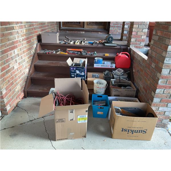 Hand Tools, Heavy Duty Extension Cords, Bench Grinder, Two Metal Boxes, Four-Tier Shelf