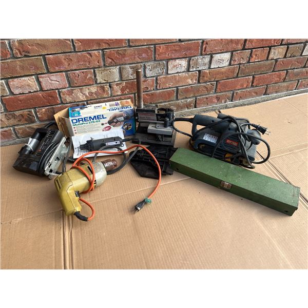 Power Tool Lot: Black & Decker Drill & Jigsaw, Ryobi Belt Sander, Dremel 275-02, Keys