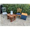 Image 1 : Small Furniture Lot: Two Chairs, Wooden Table, End Table with Drawers, and Table Lamp