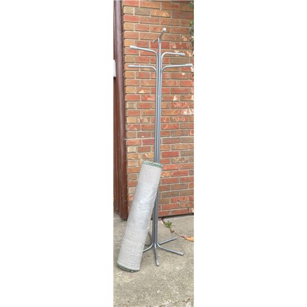 Metal Coat Rack Approximately 5'4" Tall and Rolled Green Shag Area Rug