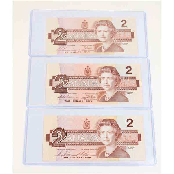 58 1986 Canada $2 Two Dollar Bill QEII Lot of 3