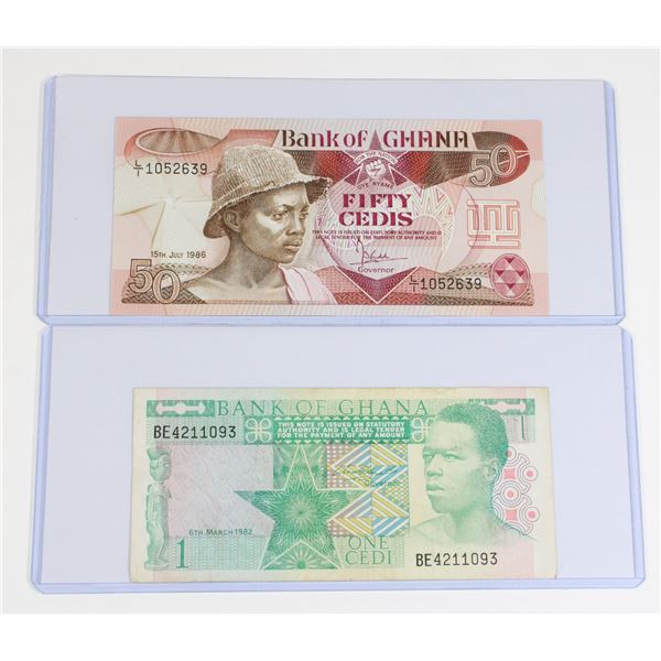 81 1986 Ghana 50 Cedis and 1 Cedi Banknotes