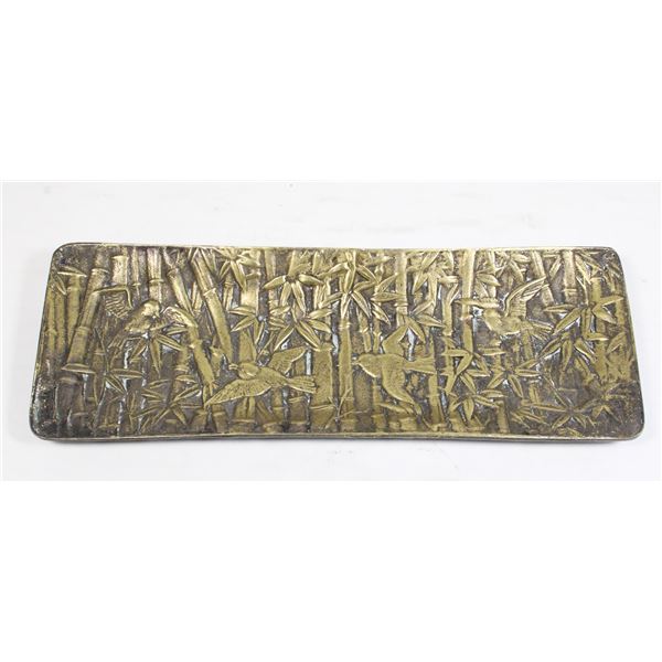271 Mid Century Brass Tray Bamboo Bird Scene