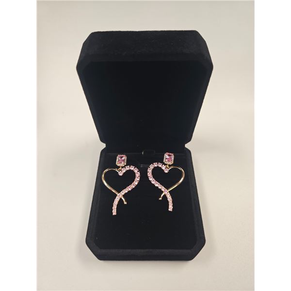 18K Gold Plated 1.0ct Emerald Cut Pink (CZ) Diamond - Heart Dangle Earrings