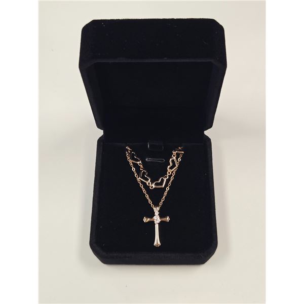 18K Gold Plated Double Chain Heart & Cross Necklace - 17"-19" Long
