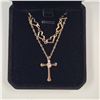 Image 3 : 18K Gold Plated Double Chain Heart & Cross Necklace - 17"-19" Long