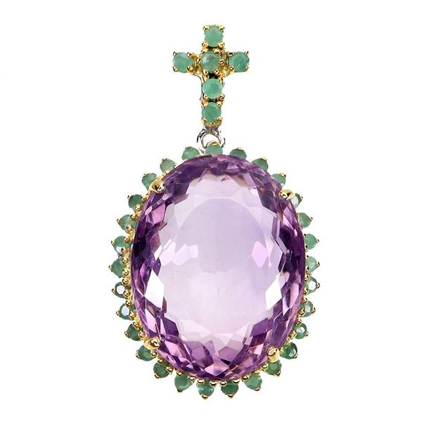 Huge 57 ct Amethyst & Emerald Pendant in 14k Yellow Gold over 925 Sterling Silver - R.R.V. $9,300 (N