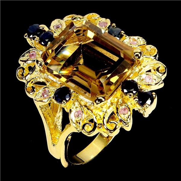12X10mm Octagon Cut Citrine, Blue Sapphire & Ruby Ring in 14k White Gold Over 925 Sterling Silver - 