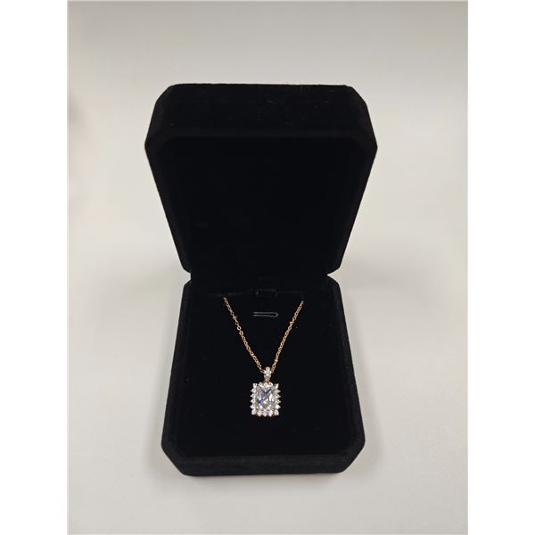 18K Gold Plated 3.0ct Emerald Cut Simulated (CZ) Halo Necklace - Chain 183 Long