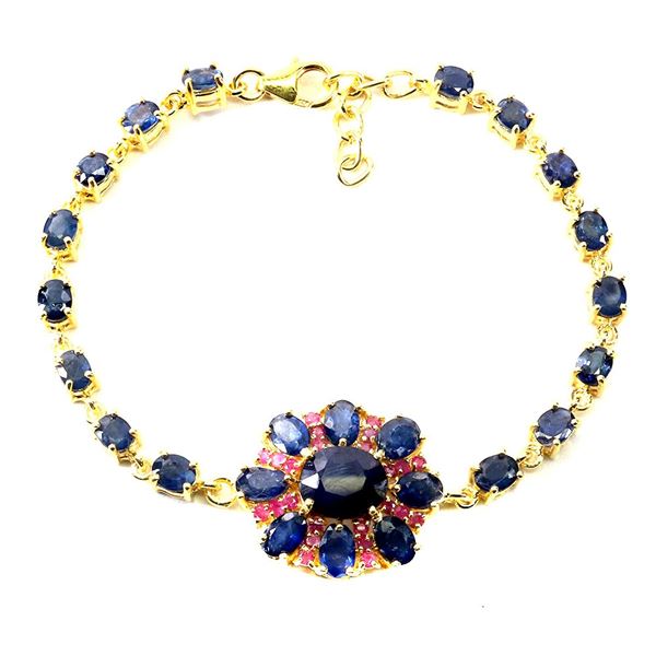 Superb Big 10x8 mm Blue Sapphire and Ruby Bracelet in 14k Yellow Gold Plated 925 Sterling Silver - 7